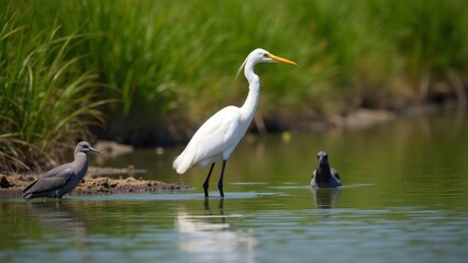 Obraz premium Great Egret With Little Blue Herons