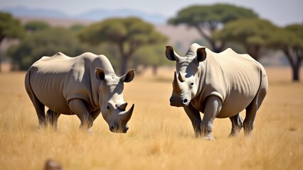 Obraz premium Two White Rhinos in African Savanna