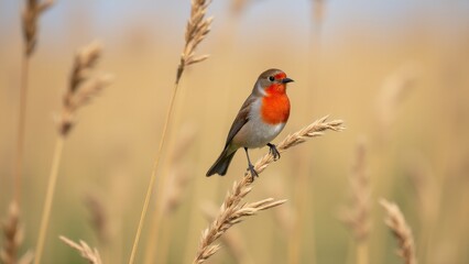 Fototapeta premium European Robin Perched On Wheat