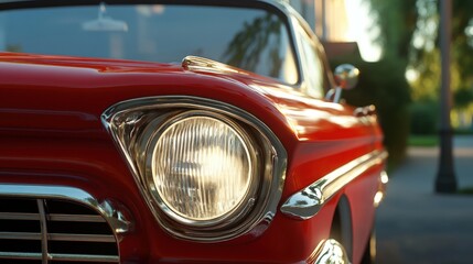 Vintage automobile headlamp detail, red body and shiny chrome trim