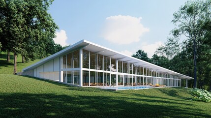 Fototapeta premium Modern minimalist villa with white architectural walls and panoramic glass windows overlooking outdoor infinity swimming pool surrounded by lush tropical greenery under clear blue sky.