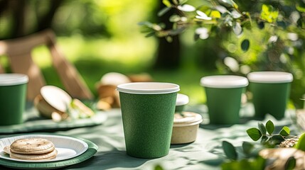 Compostable cups and plates set out for an eco birthday picnic .