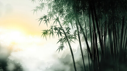 Fototapeta premium Sunrise Over Misty Bamboo Forest Drenched in Morning Light Tranquil Natural Landscape Ideal for Meditative Decor and Ecological Themes Promoting Calmness in Scenic Environment