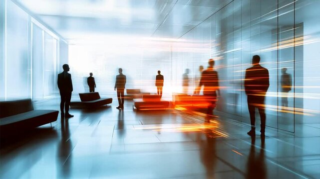 Futuristic style blurred office background with multiple office people standing in a modern setting, corporate teamwork, professional workspace