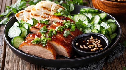 Delicious Sliced Roast Duck with Fresh Vegetables and Sauce