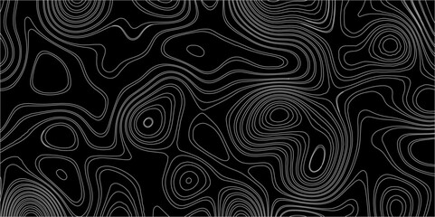 Abstract white on black background with Topographic line map pattern. abstract wavy and curved lines background. linear map. Dark seamless design. Bold tile able isolines pattern. Vector illustration.