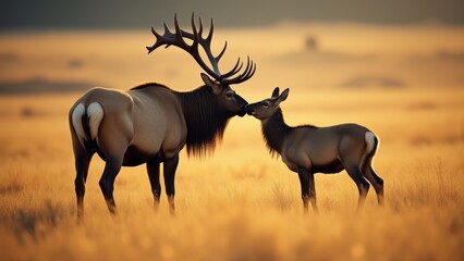 Elk Pair Kissing In Golden Field