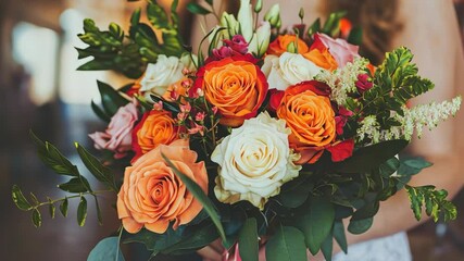Bridal bouquet closeup  floral arrangement with roses and lilies for wedding designs
