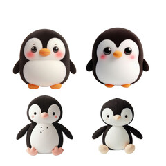 Four plush penguin characters with rosy cheeks