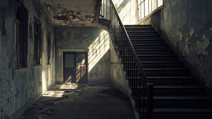 Dilapidated hallway with staircase, old paint, and light streaming through windows. Dramatic shadows add depth