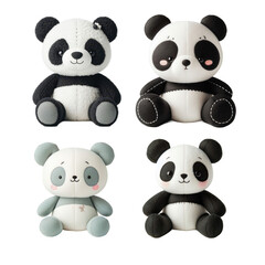 Panda plushies assortment on white background