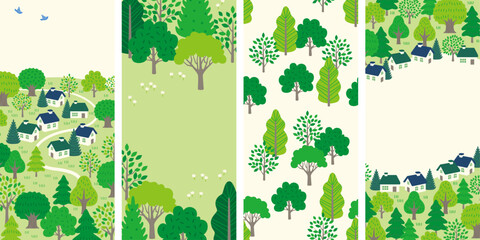 Background set with cute houses and fresh green trees