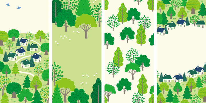 Background set with cute houses and fresh green trees
