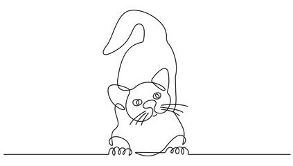 Cat Continuous One Line Drawing. Cute Cat Sitting Outline Drawing. Pet Animal Simple Line Art Vector Illustration Black Sketch Isolated on White Background for Minimalist Hand Drawn Design