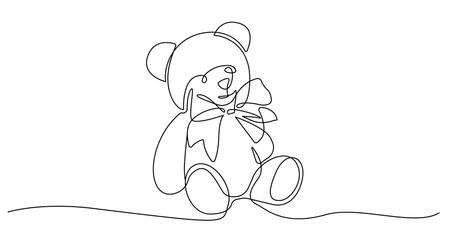 Teddy Bear Toy Continuous One Line Drawing. Child Toy Concept One Line Art. Teddy Fear Black Sketch Isolated on White Background for Vector Minimalism Design
