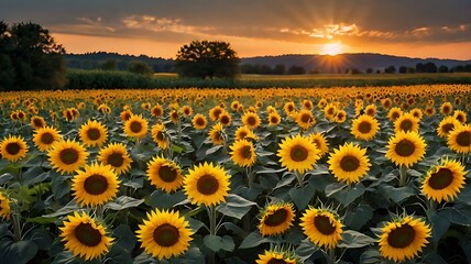 Obraz premium Golden sunflower field at sunset in the countryside with dramatic sky