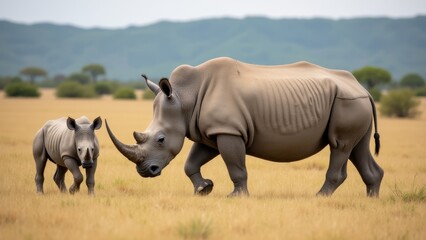 Obraz premium Rhino Mother And Calf Walking Together