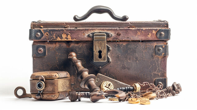 Antique Lock Box Nestled Among Forgotten Treasures on white background.PNG
