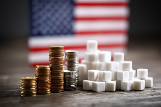 Stacks of Gold and Silver Coins Beside Sugar Cubes with Blurred American Flag Background - Powered by Adobe