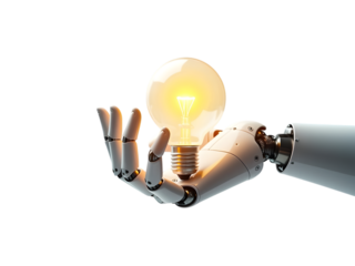 AI Innovation: Robotic Hand Holding Lightbulb transparent background