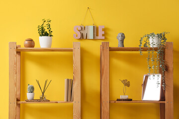 Shelf units with decor and plants near yellow wall