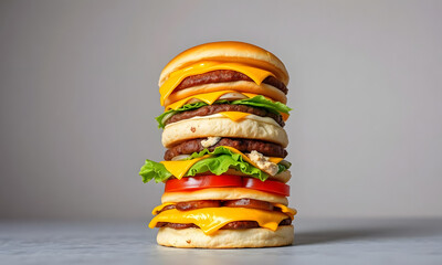 towering burger stacked with cheese, lettuce, and tomato on a gray background