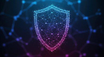 A digital shield formed from interconnected lines and dots, representing cybersecurity and data protection.