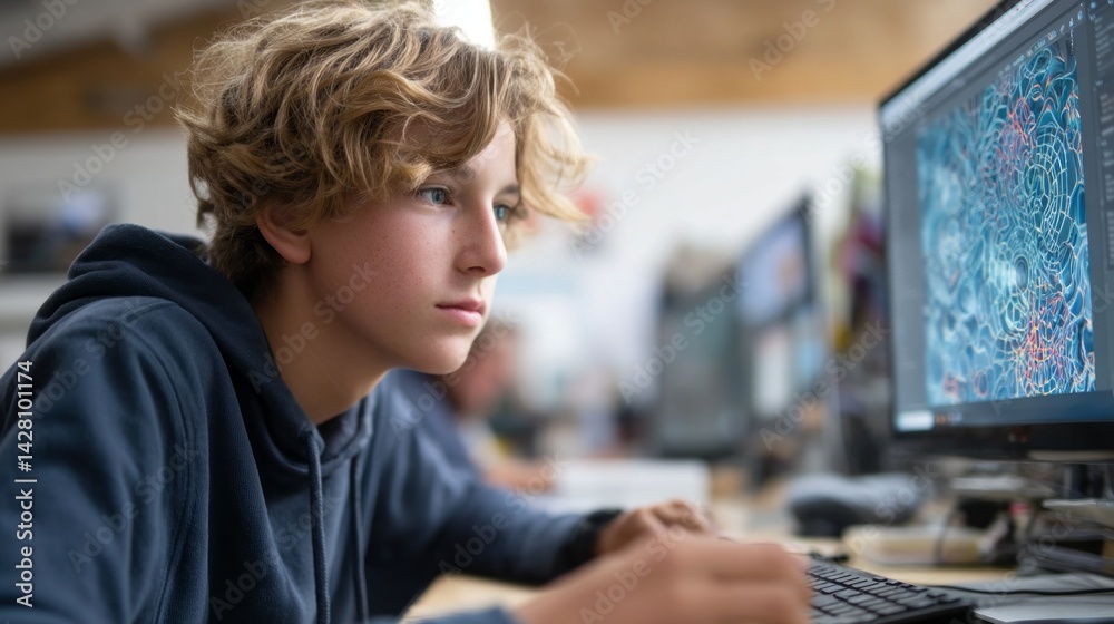 Aufkleber A focused teenager sits in a bright, collaborative environment, coding an AI art project on a computer. Creative energy fills the air as technology and artistry blend seamlessly