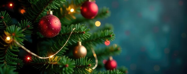 Fototapeta premium Decorated evergreen tree with colorful ornaments and lights, lights, holiday, garland