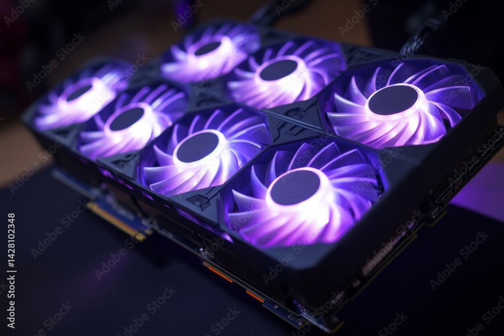 Fototapete A close-up view of a graphics card is set against a backdrop of a high-tech server room with purple fans, illuminated by purple lighting and dark tones