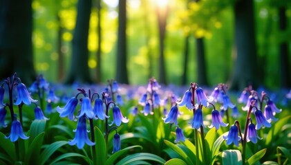 Delicate bluebells swaying in the breeze among dark forest trees, blossoms, spring flowers, bluebells