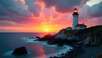 Fototapeta premium Deserted lighthouse at sunset on a rocky coastline, solitude, sea, sunset