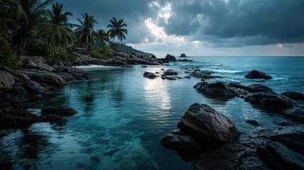 Obraz premium Blue hour Tropical coastline concept. Serene coastal scene with rocky shoreline, palm trees, and a moody sky reflecting on calm waters.
