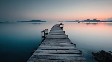 Obraz premium Blue hour Tropical coastline concept. Serene wooden pier extending into calm waters at sunset, surrounded by distant mountains.