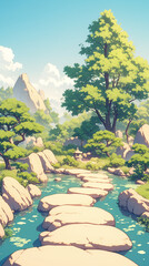 Serene Japanese Garden Landscape Illustration