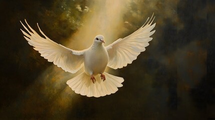 Obraz premium A dove flying with outstretched wings in a sunbeam