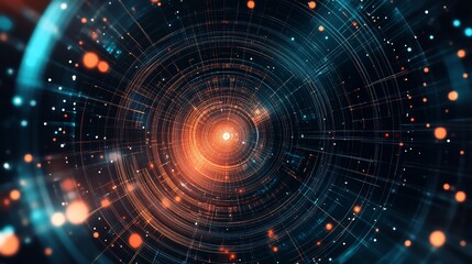 Abstract digital tunnel with glowing dots and intricate network of lines and circles