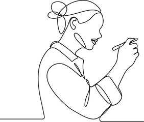 A young woman writing on a whiteboard one a continuous line art drawing. 