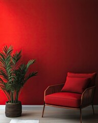 Red Room Interior Design with Wicker Chair and Potted Plant
