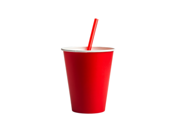 Red disposable cup with straws isolated on transparent background.