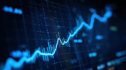 Stock market graph with rising trend line set on a blue digital screen, showing investment growth and market momentum