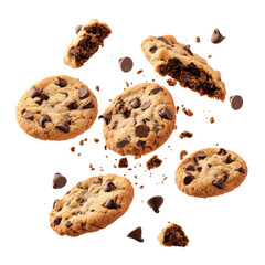 Flying pile cake crumbs chocolate chip cookies isolated on transparent white background, clipping path