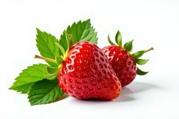 Fresh strawberry with green leaves and stem isolated, leaf, flower, nature