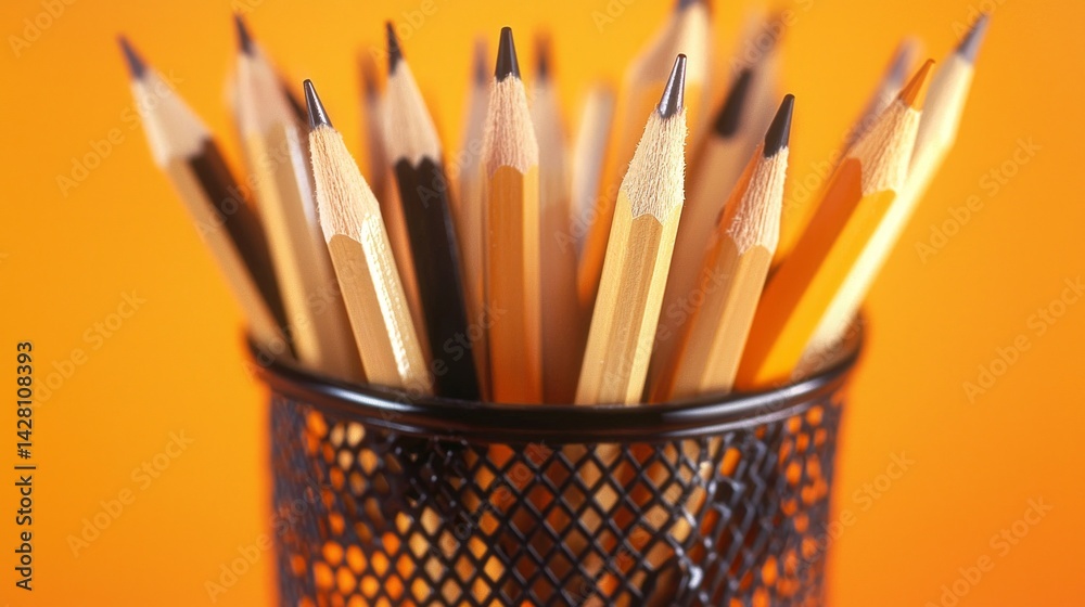 Poster A diverse array of pencils stands upright in a black holder, showcasing their sharpened tips. The vivid orange backdrop enhances their natural hues, creating an energetic workspace atmosphere