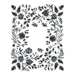 Vector linocut floral frame poster template. Modern trendy minimal style. Black and white colors. Botanical blockprint. Hand drawn design for wallpaper, wall decor, print, postcard, cover, template.