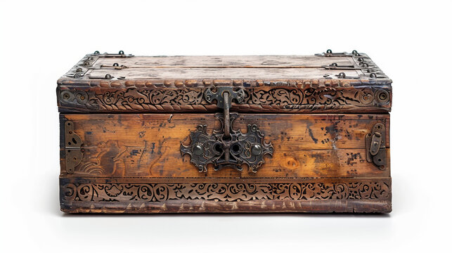 Antique Lock Box with Weathered Wood and Ornate Metal on white background.PNG