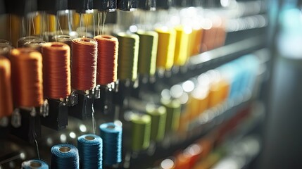 Spindles of industrial thread sorted by color and application category