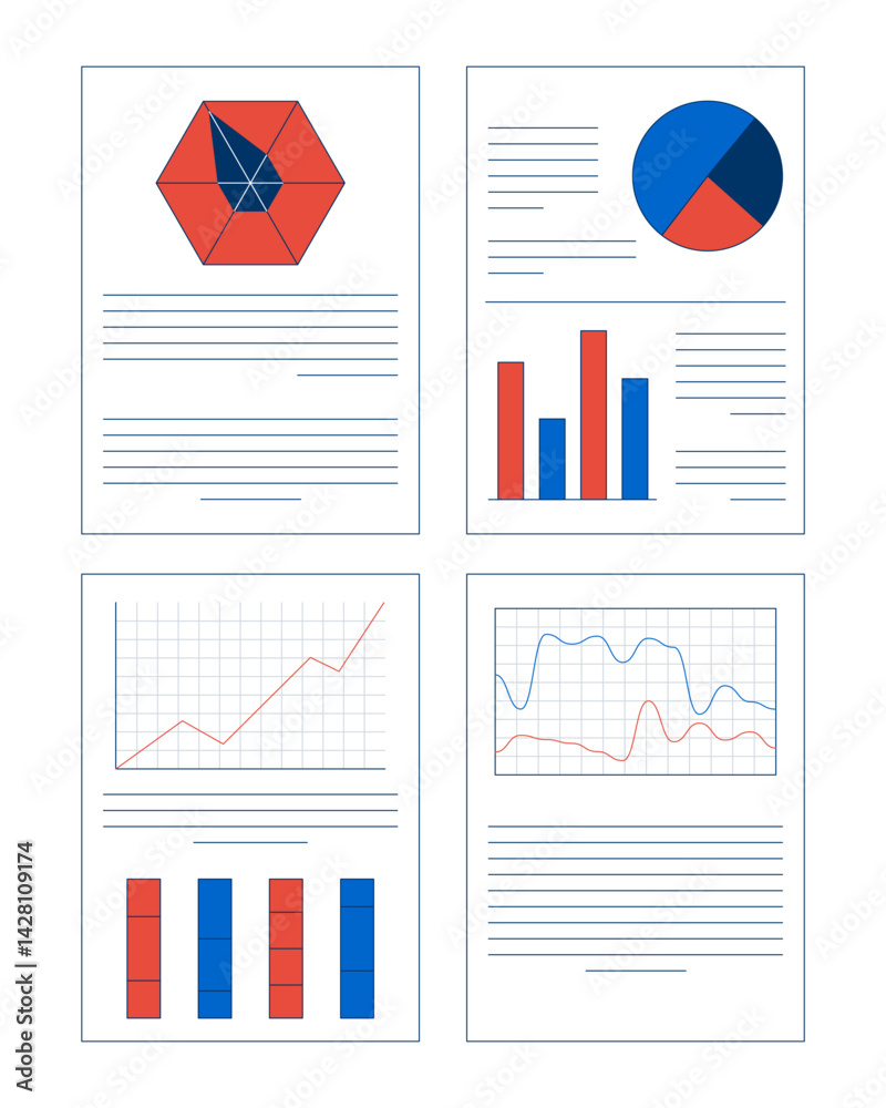 Poster business reports with charts and graphs 2d cartoon objects set. data visualization. analytics. profe