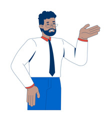 African american businessman in presentation gesture 2D cartoon character. Glasses bearded male professional presenter explaining flat vector person isolated on white. Spot illustration colorful