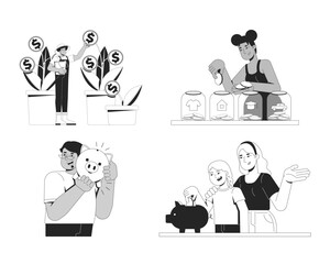 Everyday budgeting and saving habits line illustration concepts set. Daily money management. Smart financial adults outline 2D characters isolated. Ink linear metaphor vector art collection